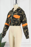 Camouflage Street Print Camouflage Print Patchwork Pocket Zipper Hooded Collar Outerwear