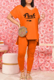 Orange Casual Letter Print V Neck Short Sleeve Two Pieces