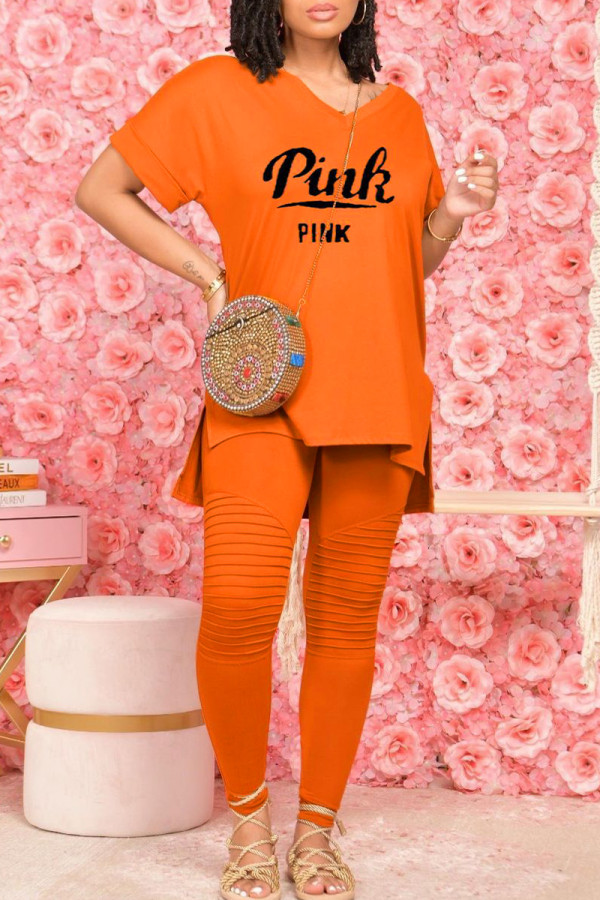 Orange Casual Letter Print V Neck Short Sleeve Two Pieces