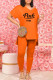 Orange Casual Letter Print V Neck Short Sleeve Two Pieces