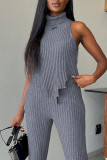 Grey Sexy Solid Patchwork Asymmetrical Turtleneck Sleeveless Two Pieces