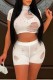 White Casual Solid Ripped Hollowed Out See-through Turtleneck Short Sleeve Two Pieces
