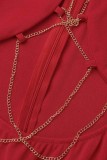 Red Sexy Solid Hollowed Out Chains Half A Turtleneck Skinny Jumpsuits