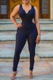 Blue Sexy Solid Backless V Neck Skinny Jumpsuits