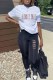 Black Casual Print Letter O Neck Short Sleeve Two Pieces