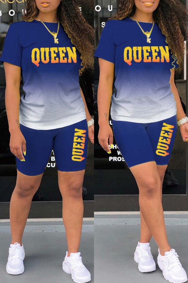 Blue Casual Gradual Change Letter Print Basic O Neck Short Sleeve Two Pieces