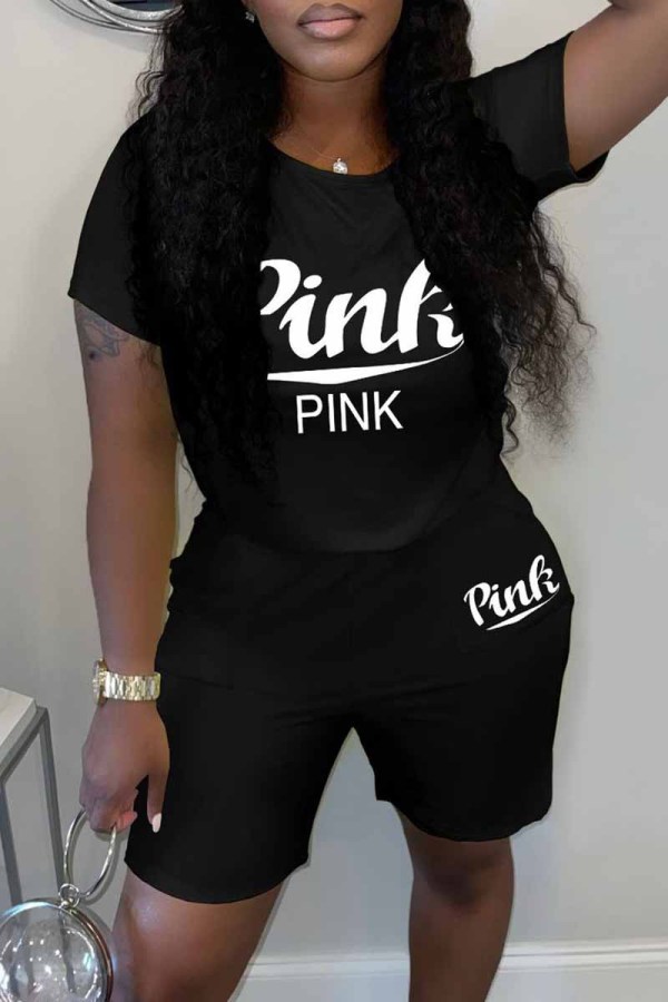 Black Casual Print Letter O Neck Short Sleeve Two Pieces