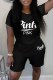 Black Casual Print Letter O Neck Short Sleeve Two Pieces