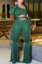 Light Green Fashion Sexy Solid Hollowed Out Patchwork With Belt One Shoulder Boot Cut Jumpsuits