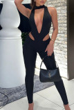 Black Sexy Solid Hollowed Out Patchwork Half A Turtleneck Skinny Jumpsuits