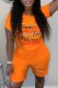 Orange Casual Print Letter O Neck Short Sleeve Two Pieces