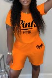 Red Casual Print Letter O Neck Short Sleeve Two Pieces
