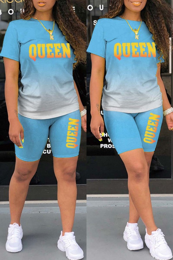 Sky Blue Casual Gradual Change Letter Print Basic O Neck Short Sleeve Two Pieces