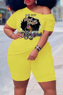 Yellow Casual Print Basic Oblique Collar Plus Size Two Pieces