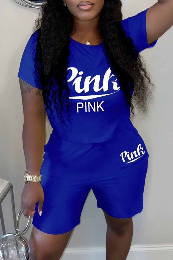 Blue Casual Print Letter O Neck Short Sleeve Two Pieces