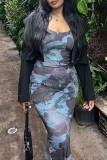 Blue Sexy Print Backless Spaghetti Strap Long Dress Dresses