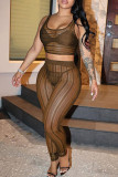 Red Street Solid Patchwork See-through U Neck Two Pieces