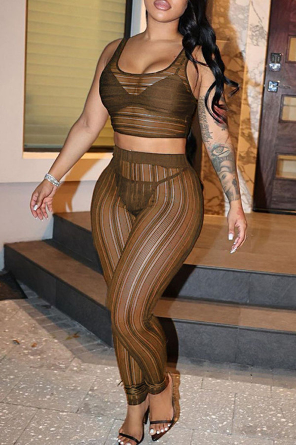 Brown Street Solid Patchwork See-through U Neck Two Pieces