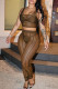 Brown Street Solid Patchwork See-through U Neck Two Pieces