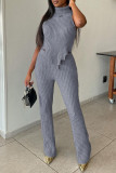 Grey Sexy Solid Patchwork Asymmetrical Turtleneck Sleeveless Two Pieces