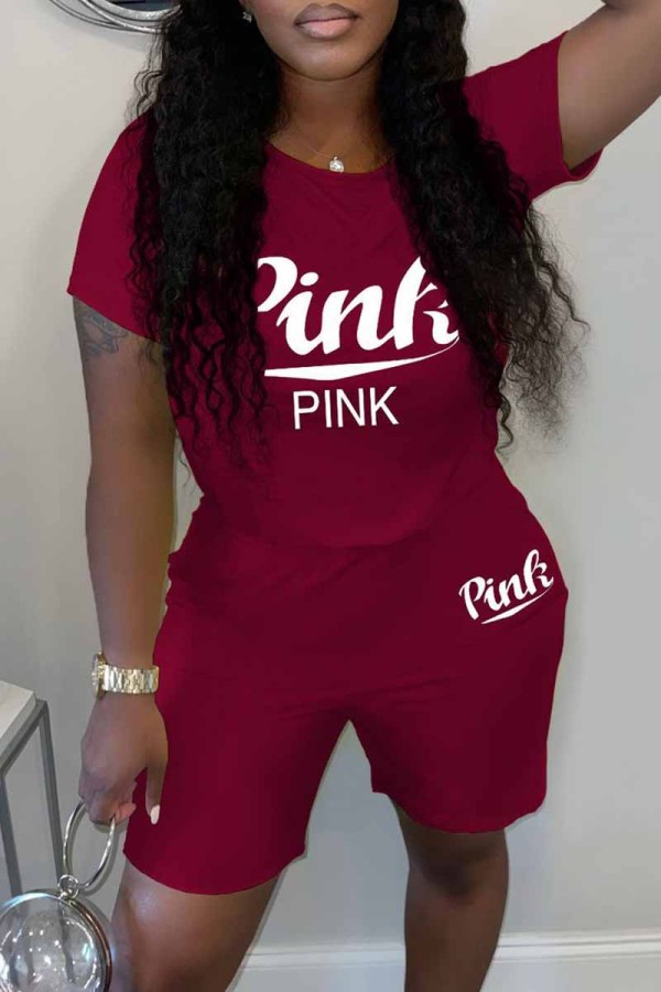 Burgundy Casual Print Letter O Neck Short Sleeve Two Pieces
