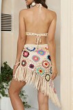 Apricot Sexy Patchwork Tassel Bandage Hollowed Out Backless Swimwears