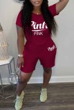Red Casual Print Letter O Neck Short Sleeve Two Pieces
