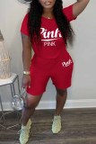 Red Casual Print Letter O Neck Short Sleeve Two Pieces