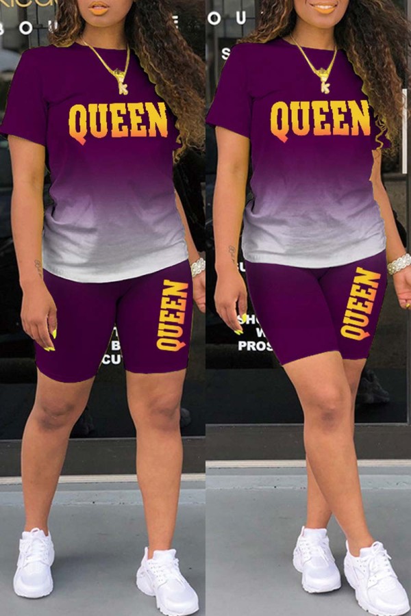 Purple Casual Gradual Change Letter Print Basic O Neck Short Sleeve Two Pieces