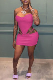Rose Red Sexy Solid Hollowed Out Patchwork Asymmetrical Strapless Sleeveless Two Pieces