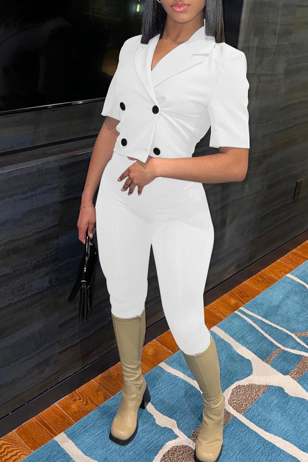 White Casual Solid Patchwork Buttons Turn-back Collar Short Sleeve Two Pieces