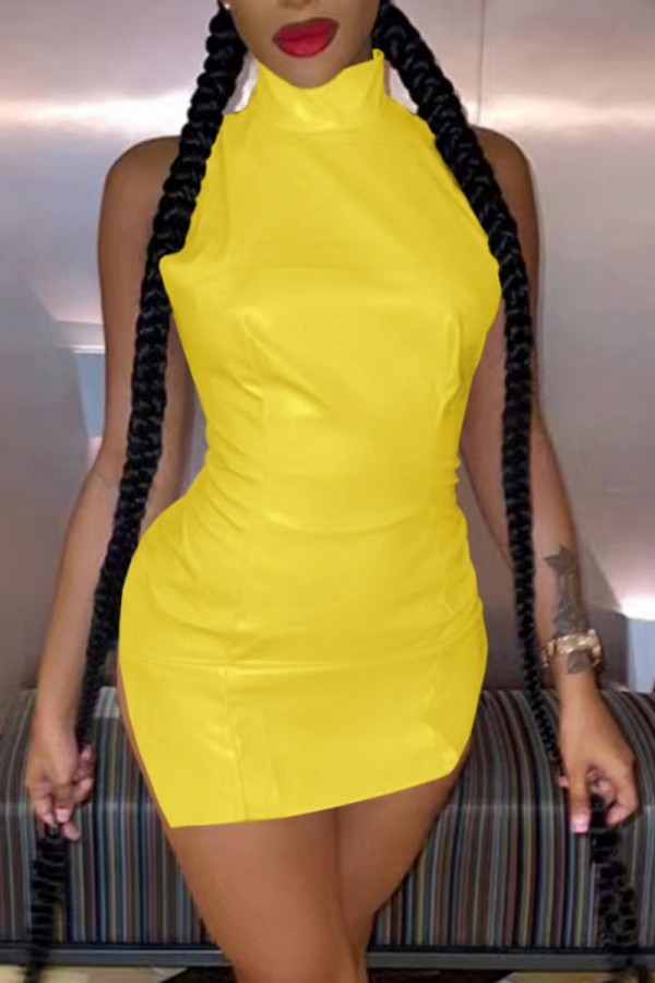 Yellow Sexy Solid Backless Slit Halter Sleeveless Dress Dresses