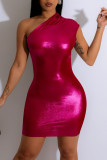 Rose Red Sexy Solid Patchwork Oblique Collar Pencil Skirt Dresses