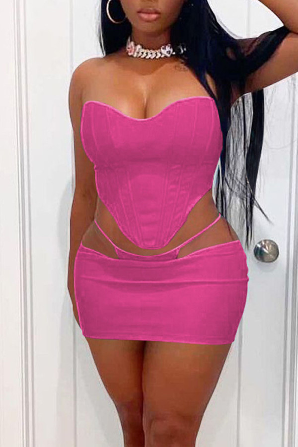 Rose Red Sexy Solid Hollowed Out Patchwork Asymmetrical Strapless Sleeveless Two Pieces