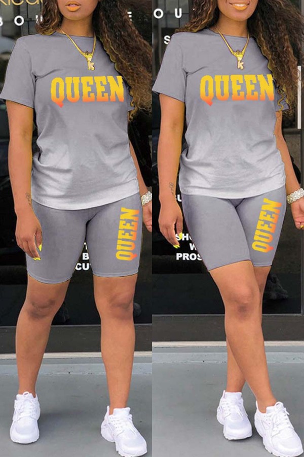 Grey Casual Gradual Change Letter Print Basic O Neck Short Sleeve Two Pieces