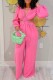 Pink Casual Solid Backless V Neck Regular Jumpsuits