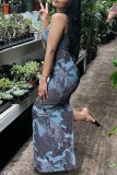 Blue Sexy Print Backless Spaghetti Strap Long Dress Dresses