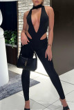 Black Sexy Solid Hollowed Out Patchwork Half A Turtleneck Skinny Jumpsuits