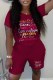 Burgundy Casual Print Letter O Neck Short Sleeve Two Pieces