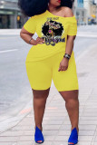 Yellow Casual Print Basic Oblique Collar Plus Size Two Pieces