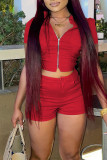 Red Casual Solid Patchwork Zipper Short Sleeve Two Pieces