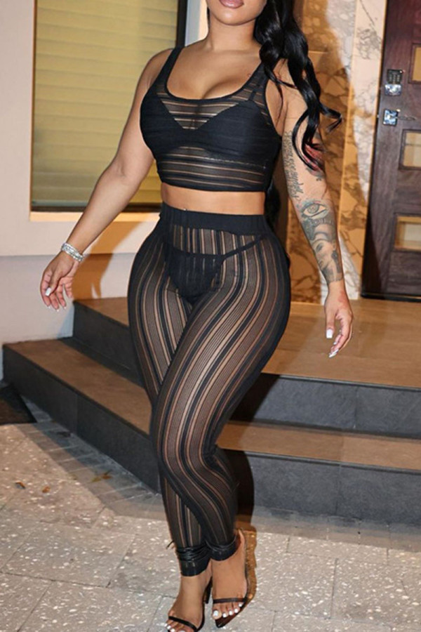Black Street Solid Patchwork See-through U Neck Two Pieces