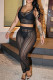 Black Street Solid Patchwork See-through U Neck Two Pieces