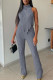 Grey Sexy Solid Patchwork Asymmetrical Turtleneck Sleeveless Two Pieces