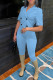 Sky Blue Casual Solid Patchwork Buttons Turn-back Collar Short Sleeve Two Pieces