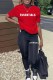 Black Red Casual Print Letter O Neck Short Sleeve Two Pieces