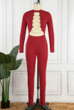 Red Sexy Solid Hollowed Out Chains Half A Turtleneck Skinny Jumpsuits