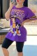 Purple Casual Character Print Letter O Neck Short Sleeve Two Pieces