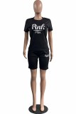 Red Casual Print Letter O Neck Short Sleeve Two Pieces