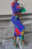 Blue Sexy Print Basic O Neck Long Sleeve Two Pieces